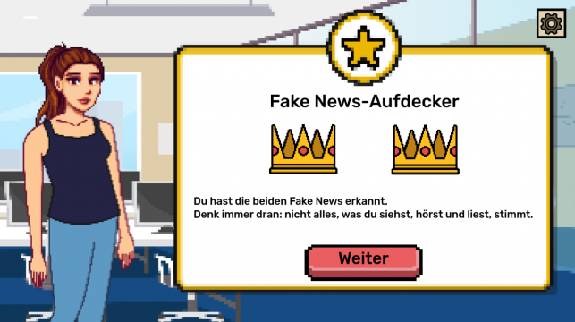 Erfolg als "Fake News-Aufdecker", wenn man im Verlauf des Spiels beide Fake News erkannt hat