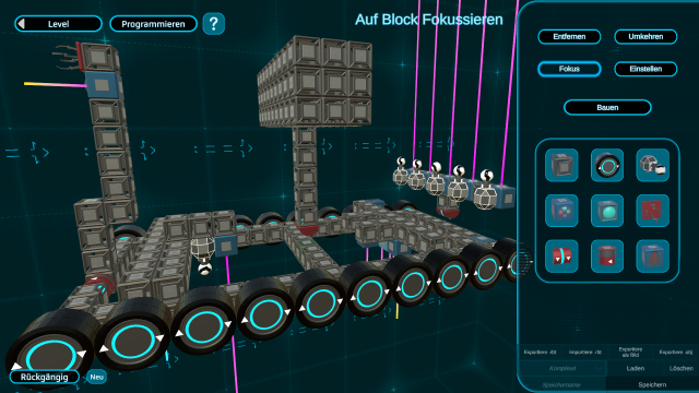 Das Baumenü von iRobot Factory zeigt den Roboter mit seinen Einzelteilen.