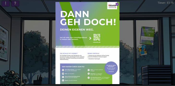 Beim Anklicken auf einen Flyer zum Freiwilligendienst Hessen wird dieser herangezoomt, sodass die Spieler*innen genauer nach versteckten Hinweisen suchen können.