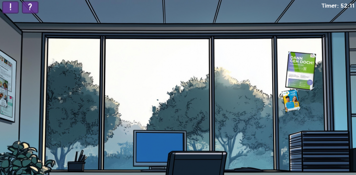 Nachdem die Spieler*innen den Zugangscode geknackt und sich damit Zugang zum Gebäude verschafft haben, finden sie sich in den Büroräumen wieder.