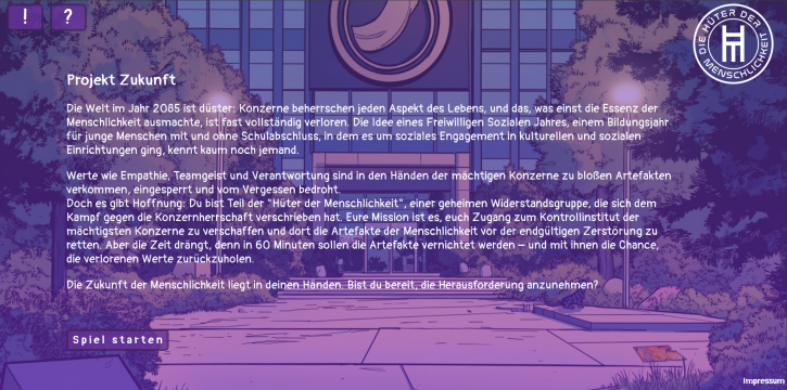 Der Startbildschirm des Spiels erzählt die Rahmenhandlung: Im Jahr 2085 beherrschen Konzerne die Welt und die Essenz der Menschlichkeit (moralische Werte) ist verloren gegangen.