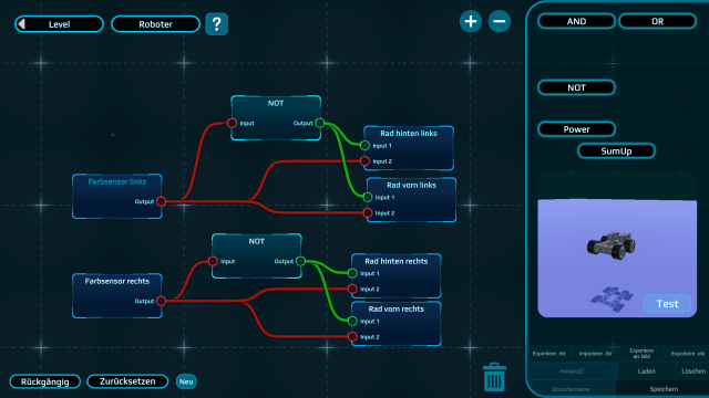 Das Programmierfenster des Roboters zeigt die verschiedenen Logik-Blöcke der Programmierung in einem hierarchischen Baum.
