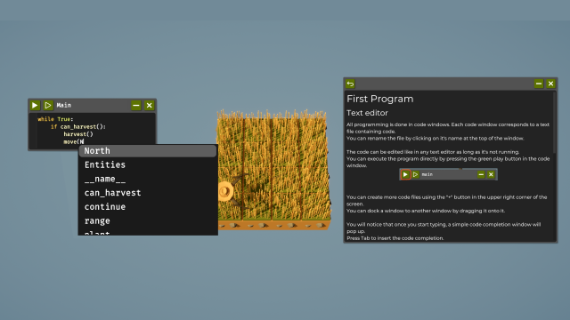 Der Texteditor beschreibt das Vorgehen zur Erstellung des ersten Farming-Algorithmus.