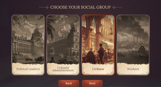 Der Schülermodus zeigt zu Beginn die verschiedenen sozialen Rollen, zwischen denen sich die SuS entscheiden können.