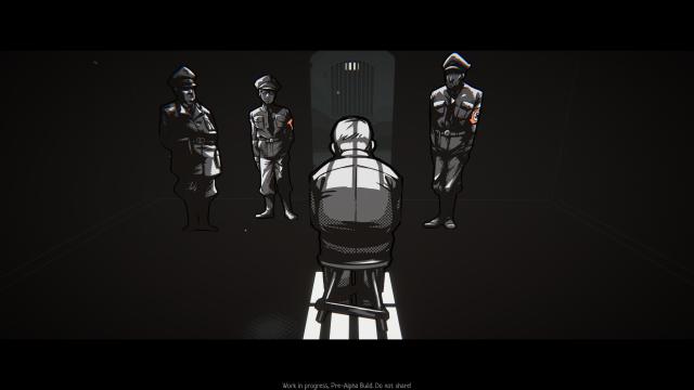 Ein Mann sitzt in einem dunklen Raum auf einem Stuhl, umringt von 3 SS-Soldaten.