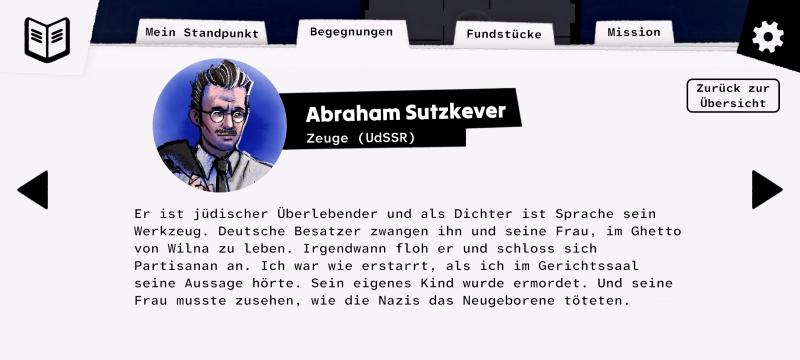 Die Spieler*innen sehen die Fallakten mit einer Beschreibung des Zeugen Abraham Sutzkever.