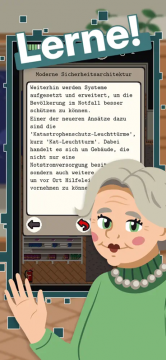 Eine ältere Bewohnerin gibt den Spieler*innen krisenrelevante Informationen wie z.B. Infos über moderne Sicherheitsarchitektur.