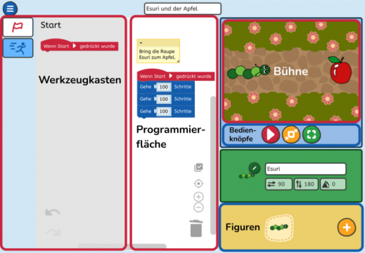 Man sieht ein Level in Cubi mit der Programmierfläche und dem fertigen Spiel.
