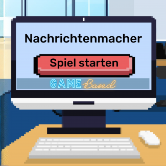 Screenshot aus dem Menü aus dem "Nachrichtenmacher" mit Neon-Schriftzug von Game Based