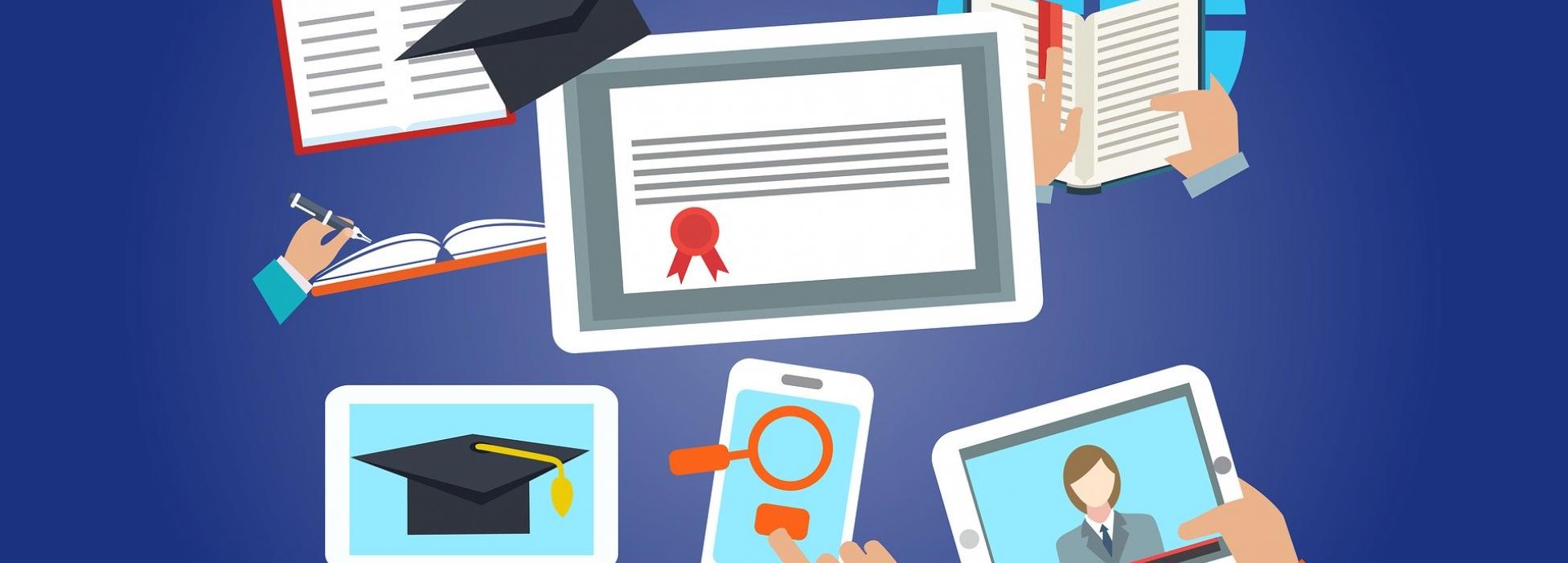 ©kreatikar/pixabay Grafik zum Thema E-Learning, zu sehen sind verschiedene Endgeräte wie ein Tablet, ein Smartphone, ein Computerbildschirm, sowie ein Zertifikat und weitere Elemente.