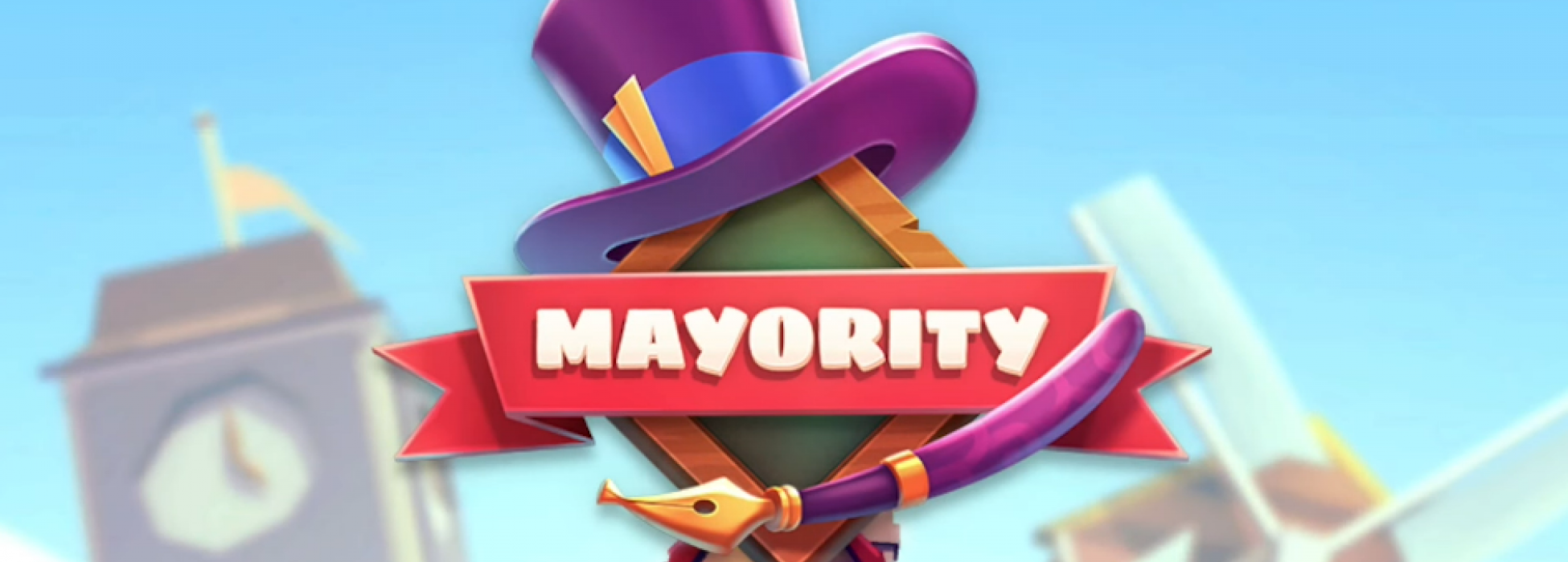 Logo von "Mayority" weißer Schriftzug von "Mayority" auf rotem Banner