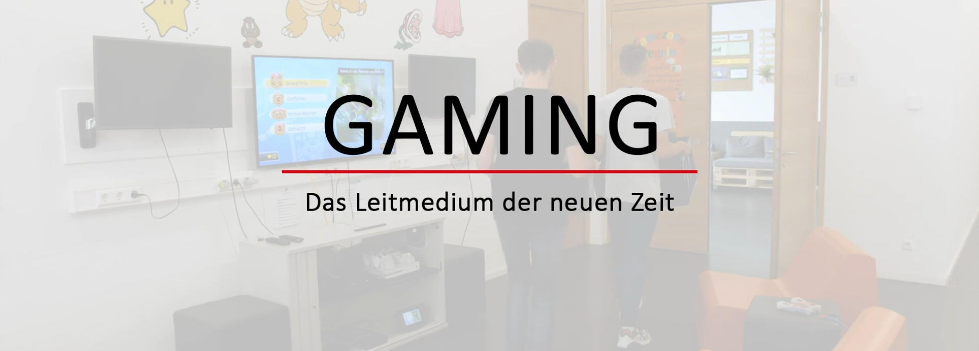 Schriftzug "Gaming - Das Leitmedium der neuen Zeit" vor ausgegrautem Hintergrund