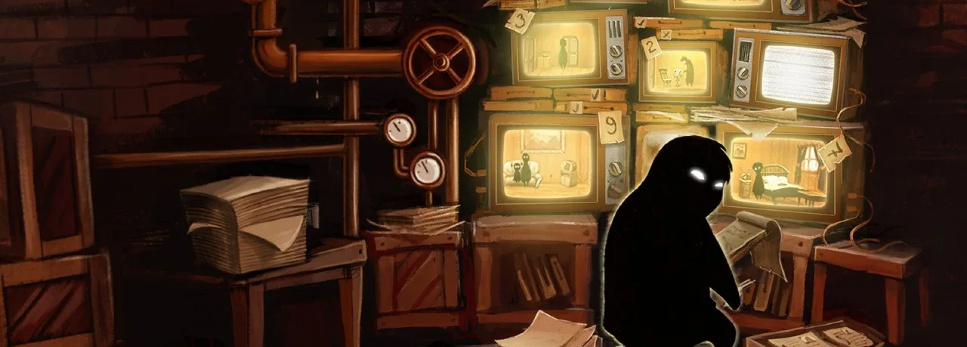 Die Hauptfigur sitzt inmitten von Papierstapeln mit Notzen und Aufzeichnungen vor einer Ansammlung an Überwachungsbildschirmen. 