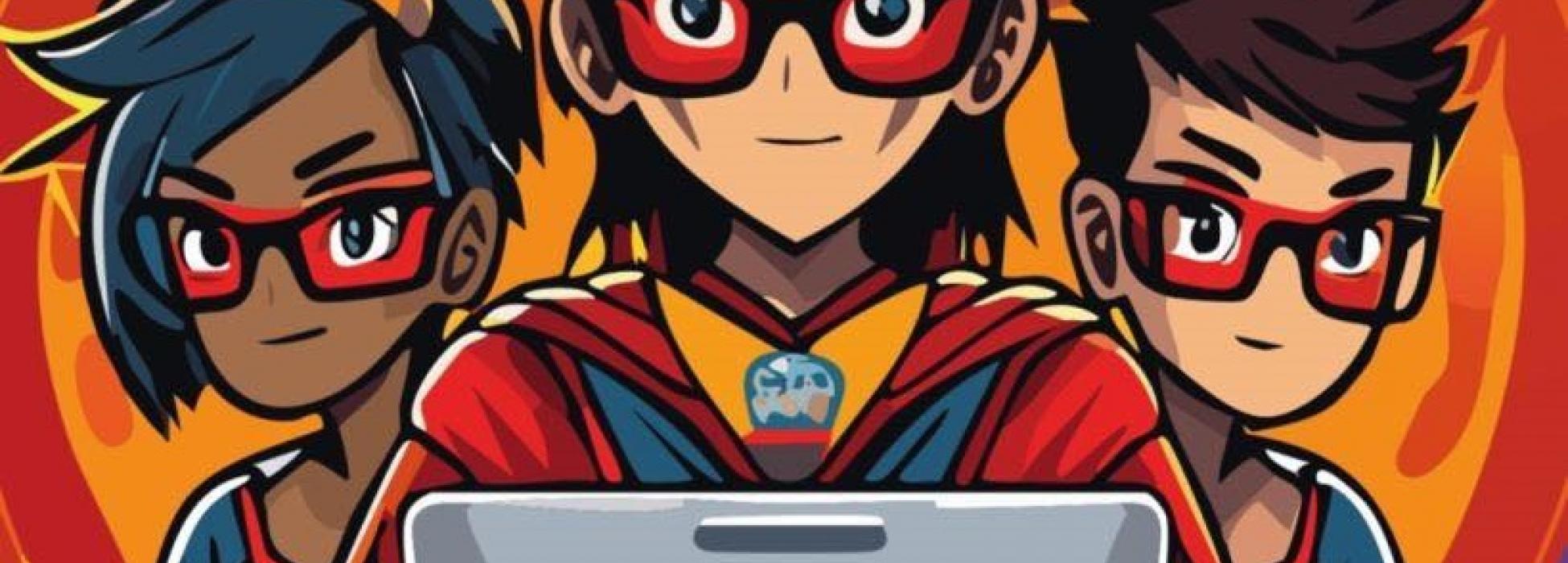 Das Logo des Spiels zeigt die Widerstandsgruppe vor einem Laptop. Im Hintergrund ist das Konzerngebäude zu sehen.