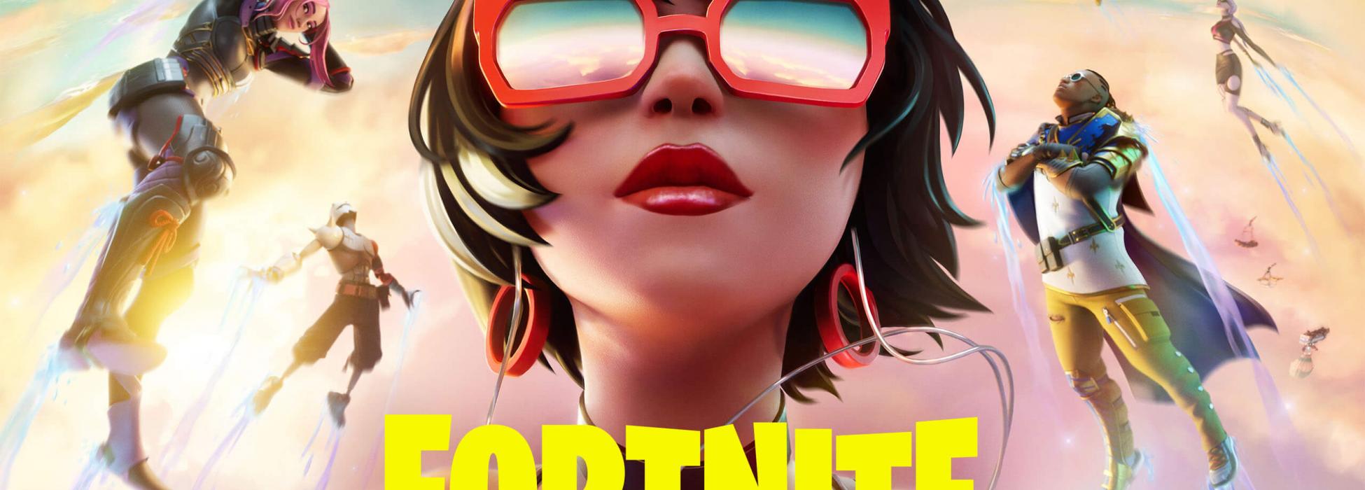 Gelber Schriftzug 'Fortnite' vor Charakteren aus dem Spiel
