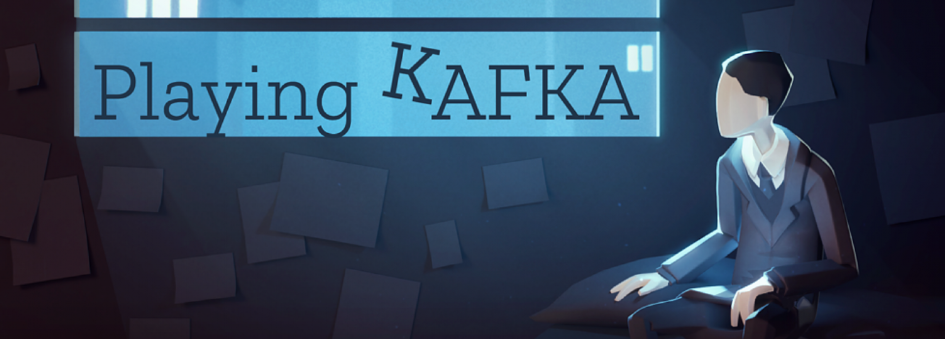 Der Hauptcharakter sitzt im dunklen Zimmer auf seinem Bett und schaut in Richtung der Notizzettel an seiner Zimmerwand. 