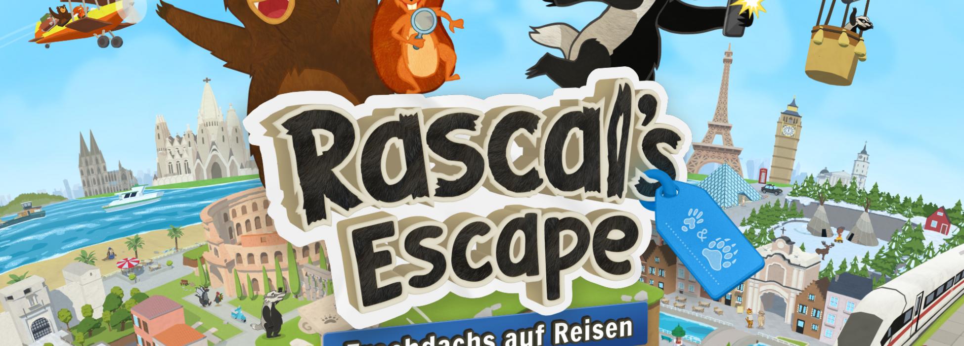 Die 2 Hauptcharaktere Eichhörnchen und Bär verfolgen ihren Freund Frechdachs um die Welt. Im Hintergrund sieht man die verschiedenen Sehenswürdigkeiten, die Frechdachs auf seiner Reise erkundet hat. 