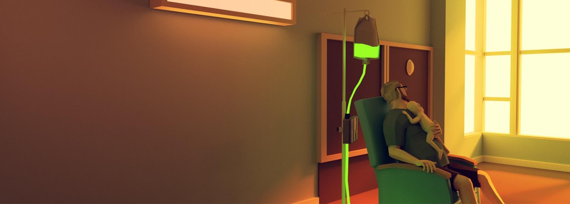 Der Vater sitzt mit seinem Sohn auf dem Arm im Krankenhaus. Neben dem Stuhl steht ein Infusionsständer mit einer gelben Flüssigkeit. 