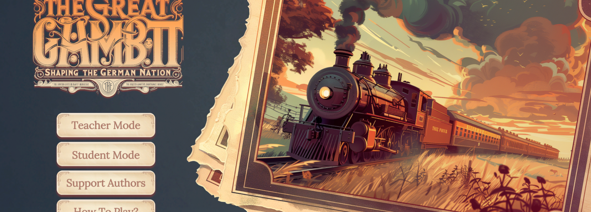 Der Startbildschirm zeigt das Logo, ein Bild einer Dampflokomotive und ein Auswahlmenü für die verschiedenen Spielmodi.