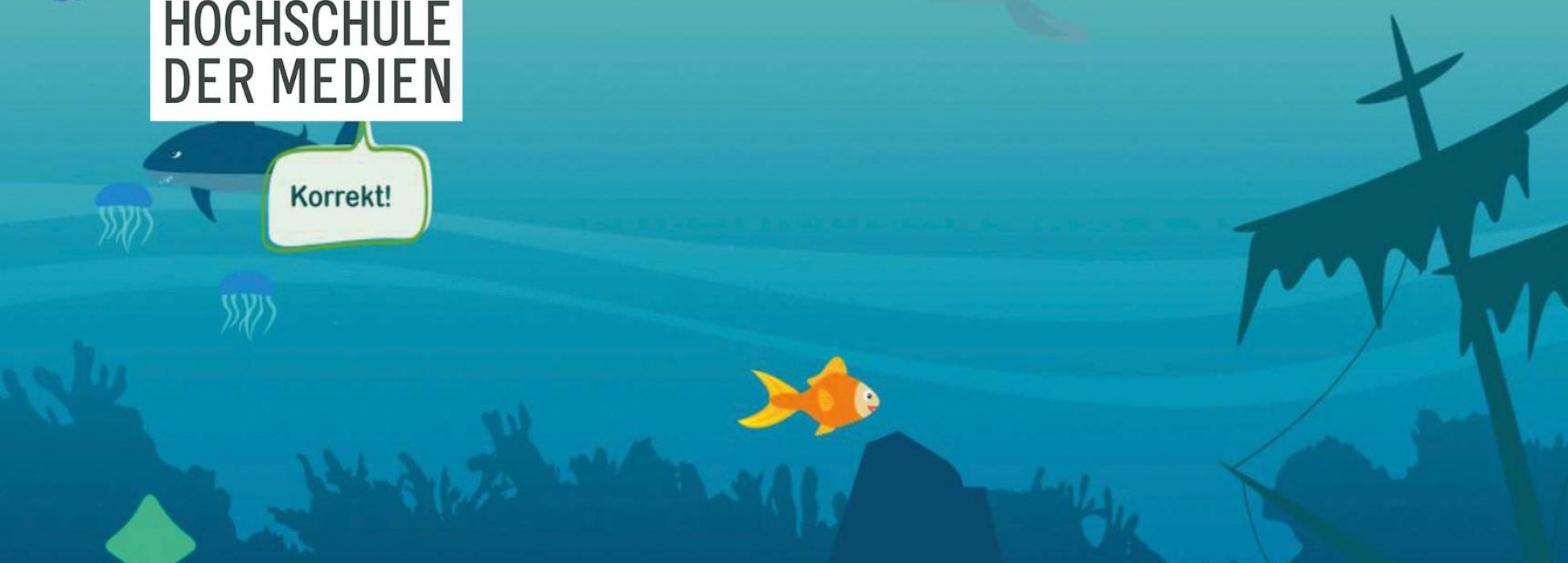 Ein Fisch reagiert auf eine richtige Antwort des Spielers mit "korrekt" in Form einer Sprechblase