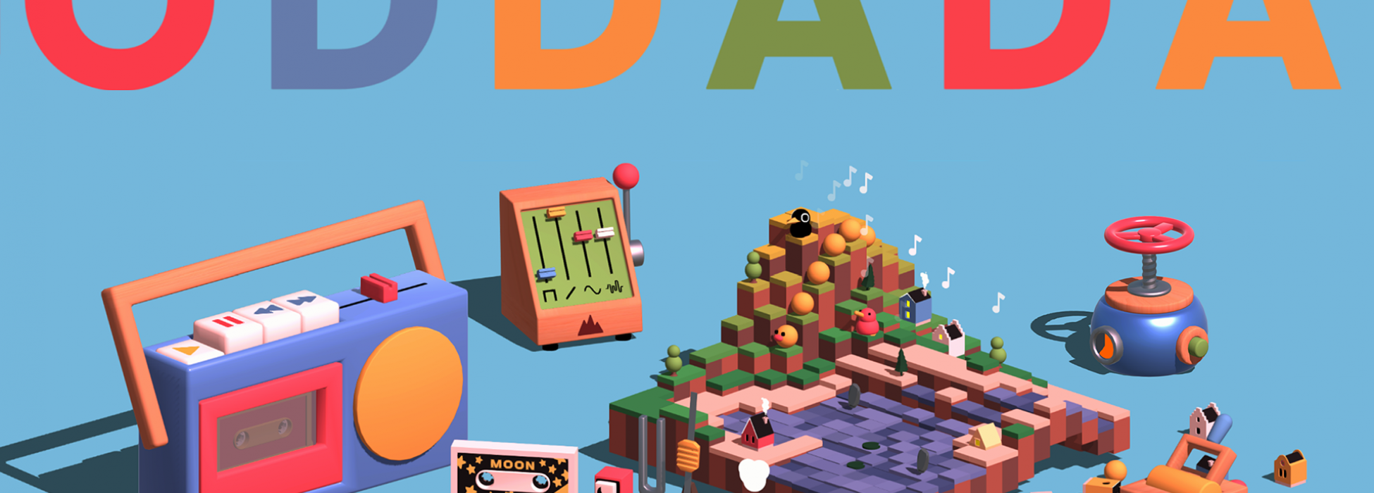 Oddada lettering with some musical instruments and a casette player underneath. 