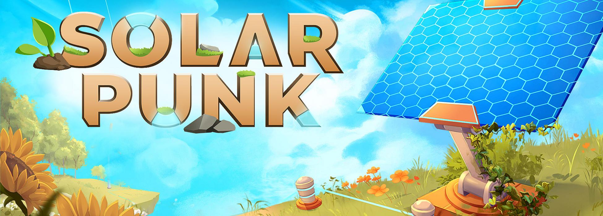 Eine futuristische Solarzelle steht auf einer Wies im Freien und im Himmel steht der Schriftzug Solarpunk geschrieben.